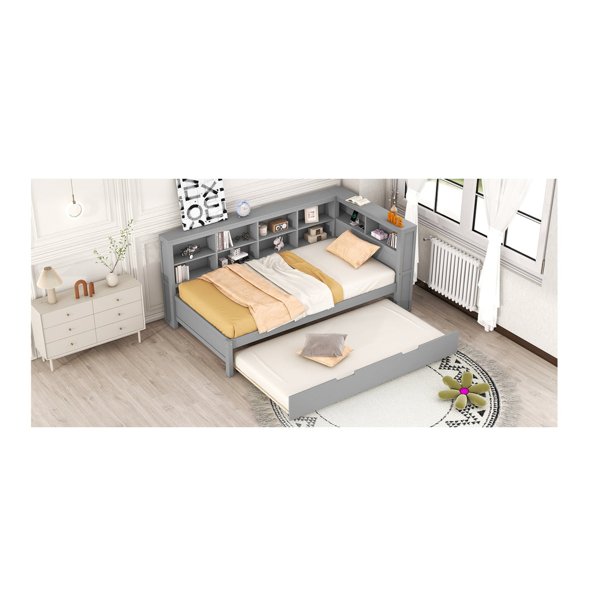 Roomfitters Wooden Twin Size Daybed with Twin Trundle, Storage Shelf, and USB Charging Ports, Space-Saving Multifunctional Design, Gray
