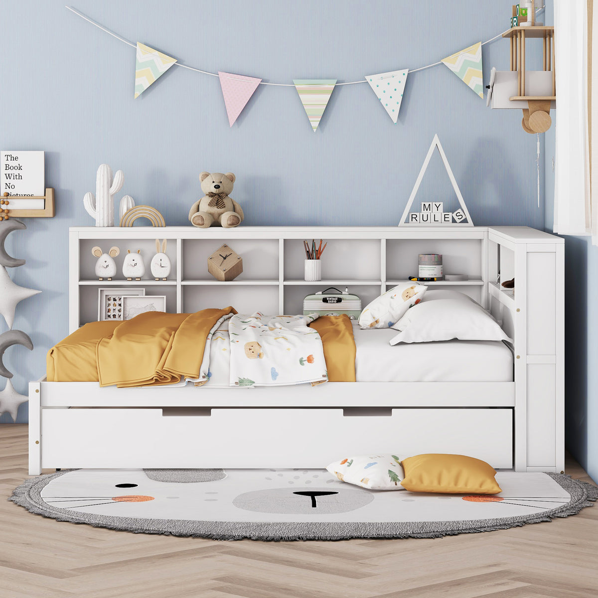 variant-group:rf-n733s347731k|Roomfitters Wooden Full Daybed with Twin Trundle, Storage Shelf & USB Charging Ports, White