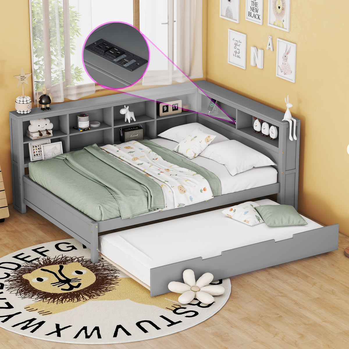 variant-group:rf-n733s347731e|Roomfitters Wooden Full Daybed with Twin Trundle, Storage Shelf & USB Charging Ports, Gray