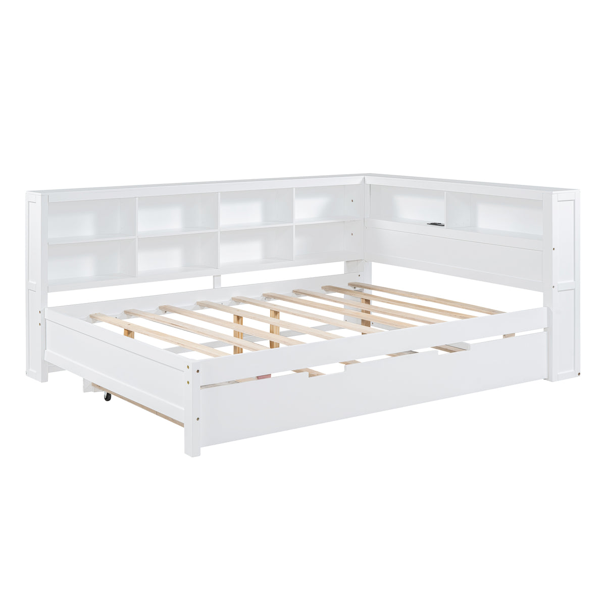 variant-group:rf-n733s347731k|Roomfitters Wooden Full Daybed with Twin Trundle, Storage Shelf & USB Charging Ports, White