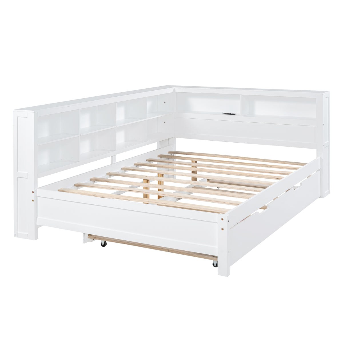 variant-group:rf-n733s347731k|Roomfitters Wooden Full Daybed with Twin Trundle, Storage Shelf & USB Charging Ports, White