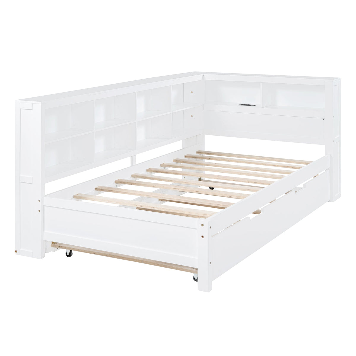 Roomfitters Wooden Twin Daybed with Twin Trundle, Storage Shelf & USB Charging Ports, White
