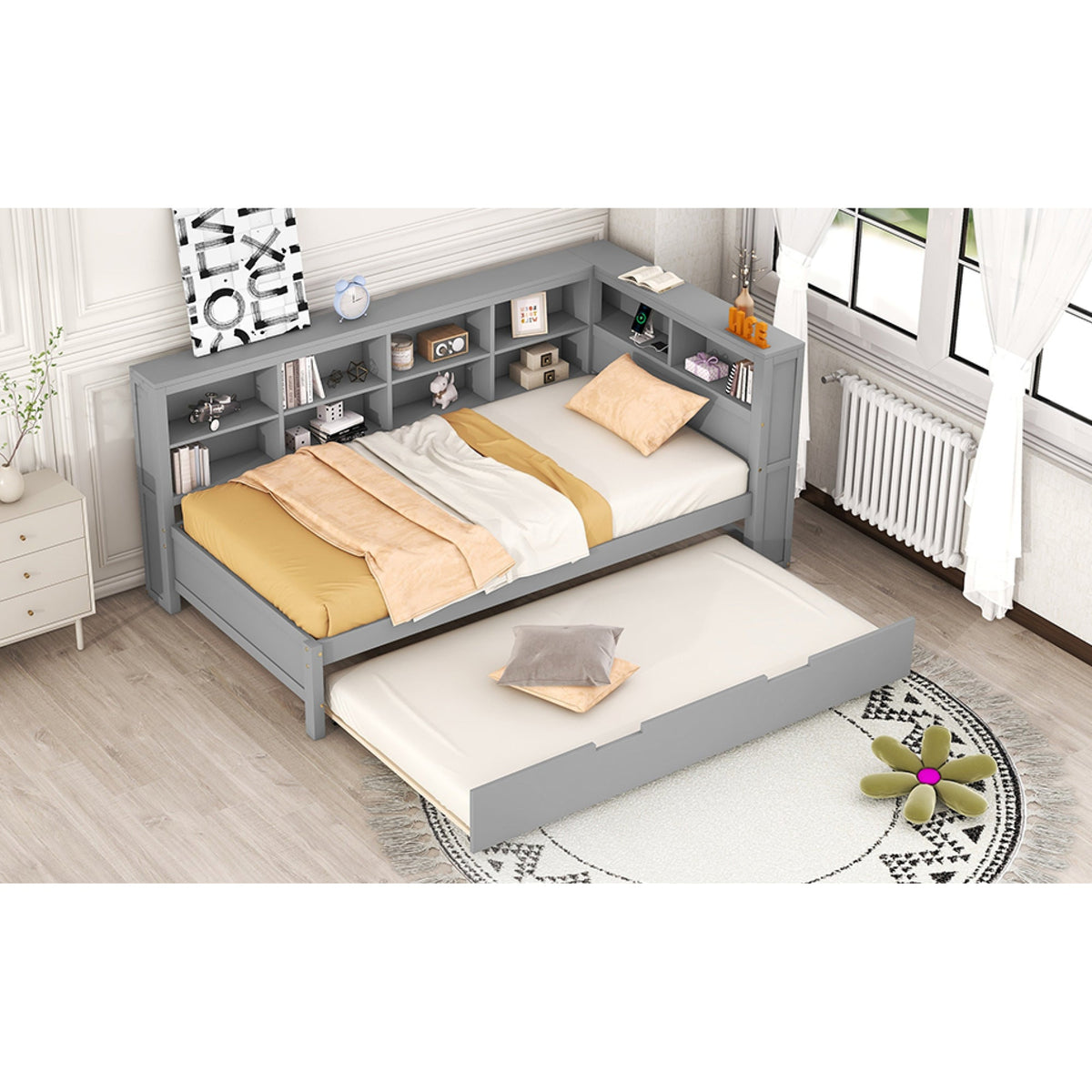 Roomfitters Wooden Twin Size Daybed with Twin Trundle, Storage Shelf, and USB Charging Ports, Space-Saving Multifunctional Design, Gray