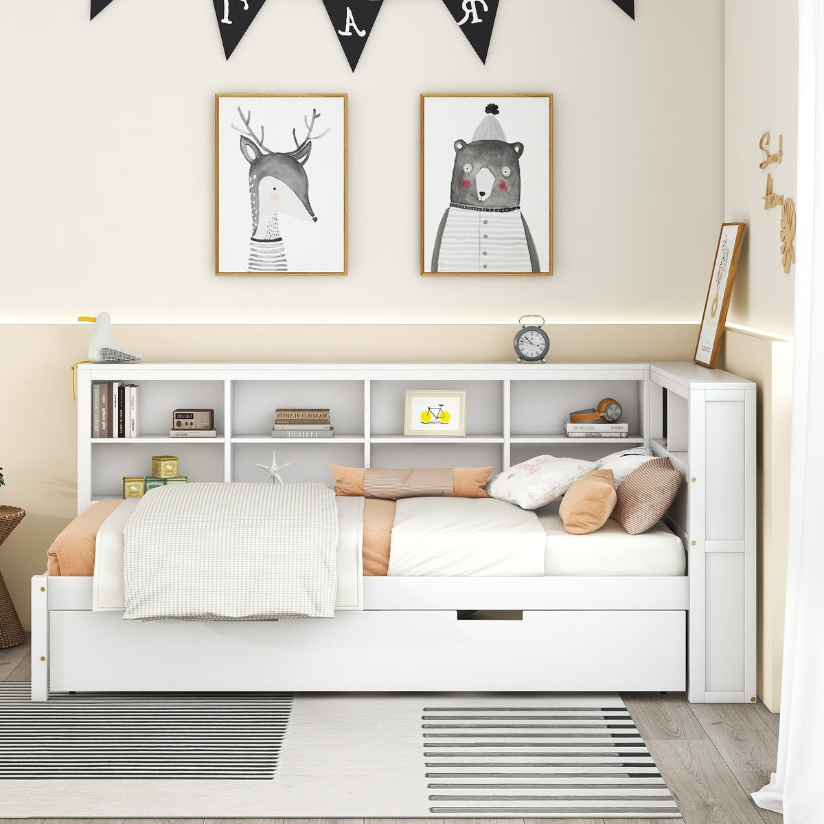 Roomfitters Wooden Twin Daybed with Twin Trundle, Storage Shelf & USB Charging Ports, White