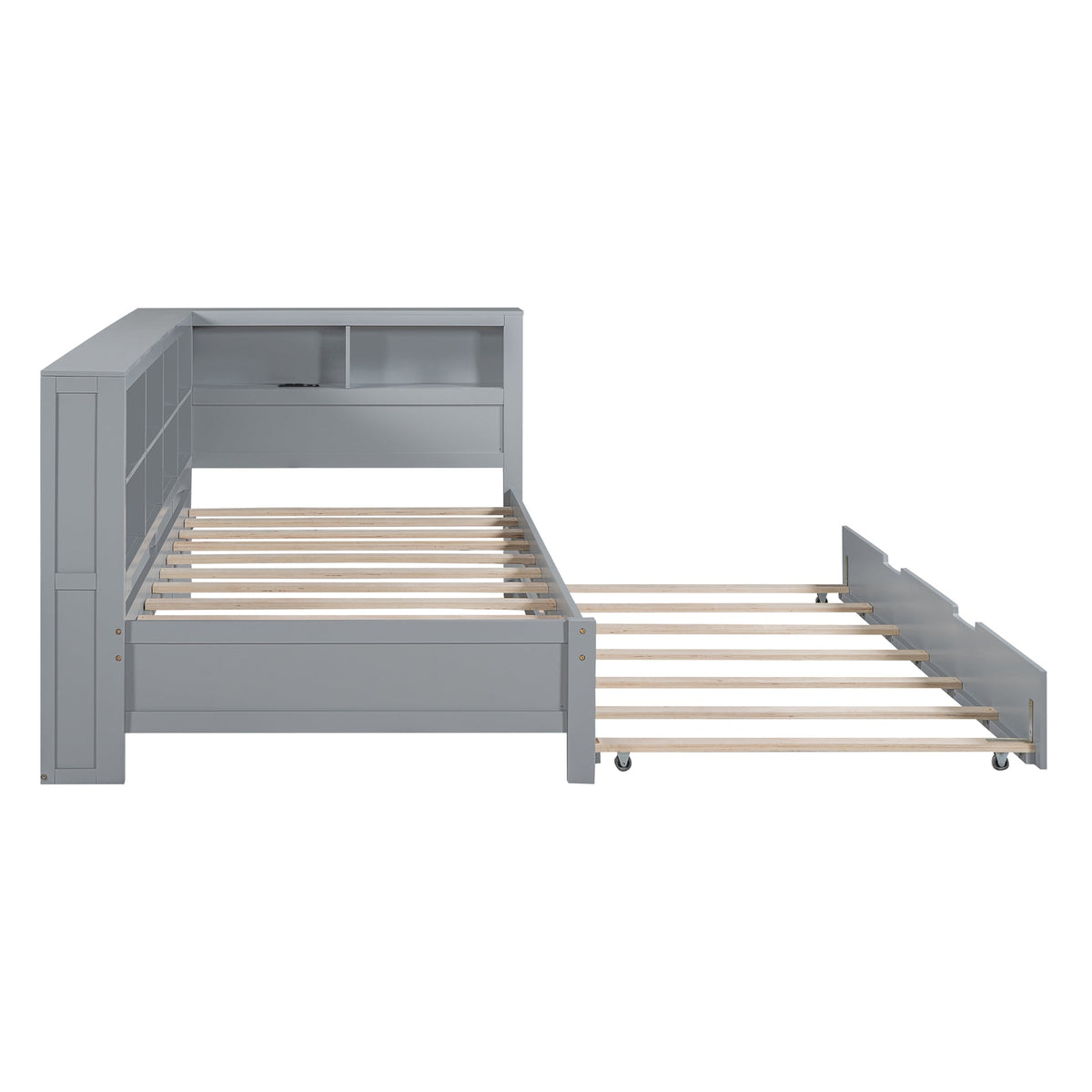 Roomfitters Wooden Twin Size Daybed with Twin Trundle, Storage Shelf, and USB Charging Ports, Space-Saving Multifunctional Design, Gray