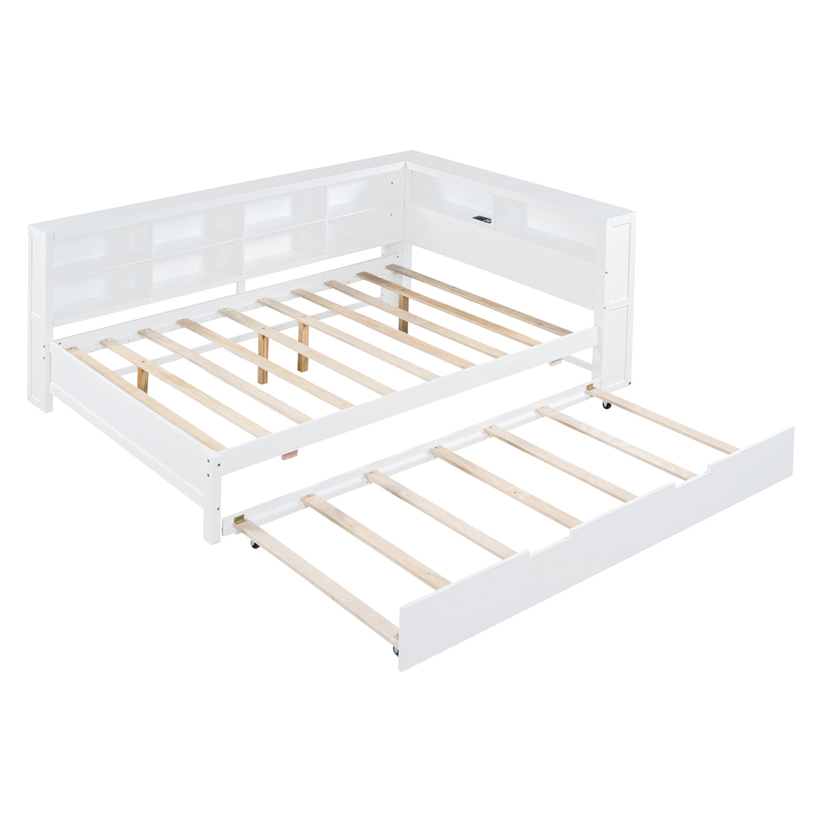 variant-group:rf-n733s347731k|Roomfitters Wooden Full Daybed with Twin Trundle, Storage Shelf & USB Charging Ports, White