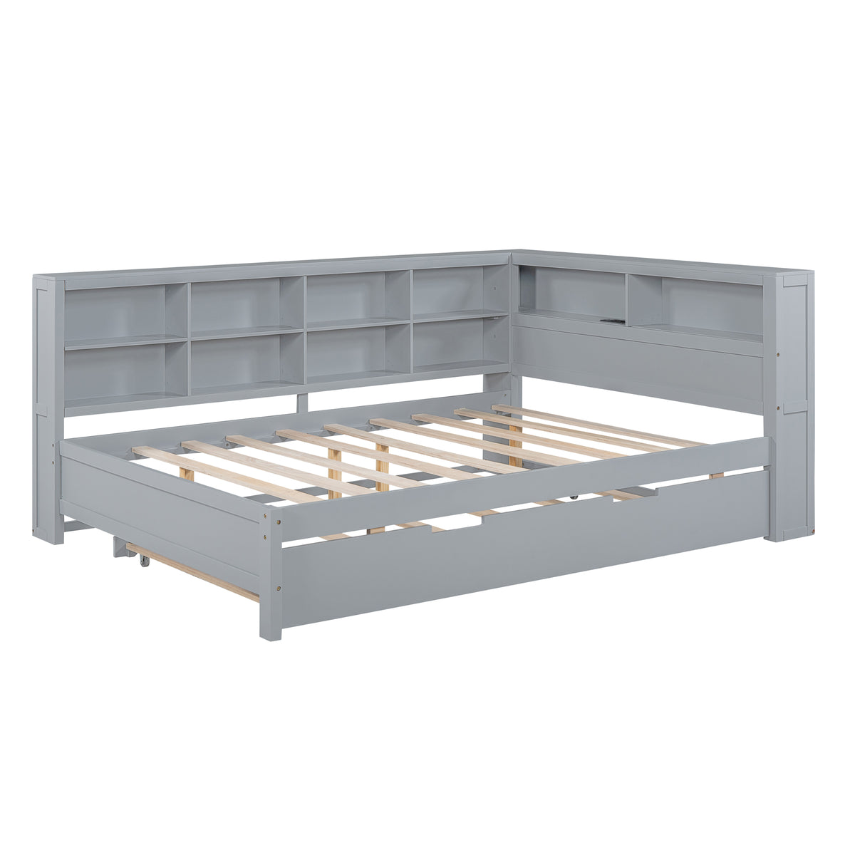 variant-group:rf-n733s347731e|Roomfitters Wooden Full Daybed with Twin Trundle, Storage Shelf & USB Charging Ports, Gray