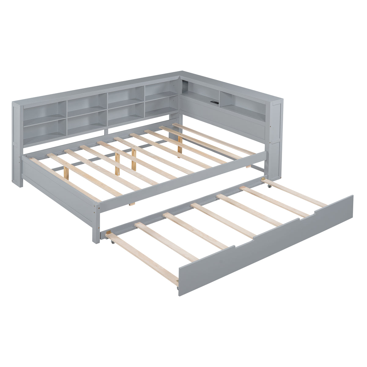 variant-group:rf-n733s347731e|Roomfitters Wooden Full Daybed with Twin Trundle, Storage Shelf & USB Charging Ports, Gray