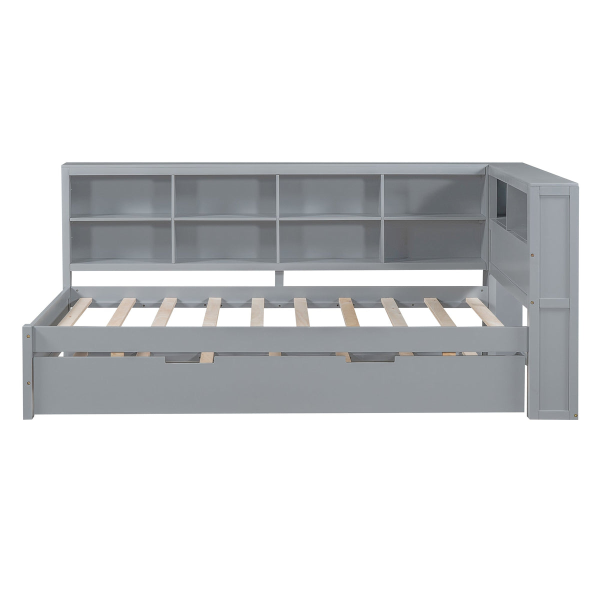 Roomfitters Wooden Twin Size Daybed with Twin Trundle, Storage Shelf, and USB Charging Ports, Space-Saving Multifunctional Design, Gray
