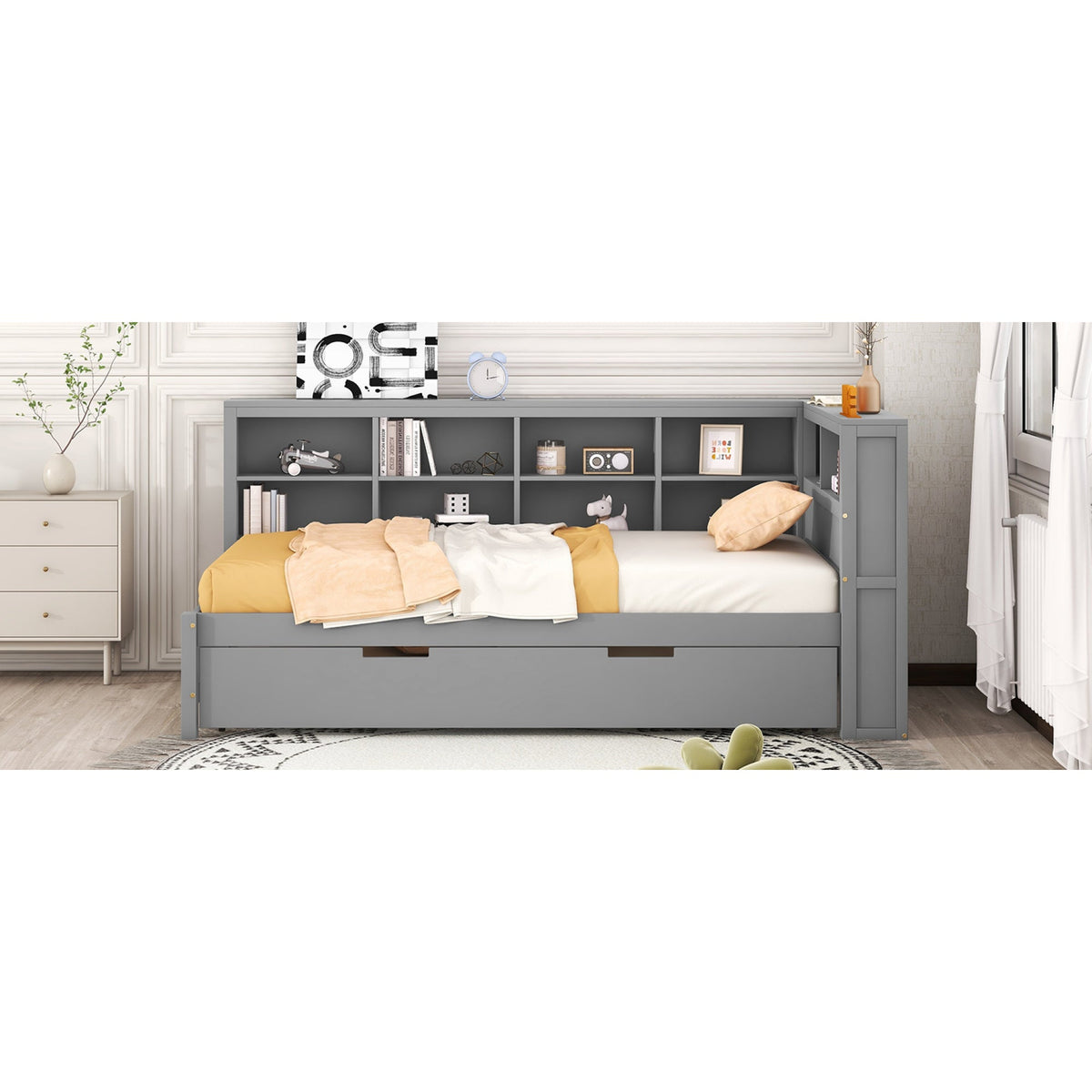 Roomfitters Wooden Twin Size Daybed with Twin Trundle, Storage Shelf, and USB Charging Ports, Space-Saving Multifunctional Design, Gray