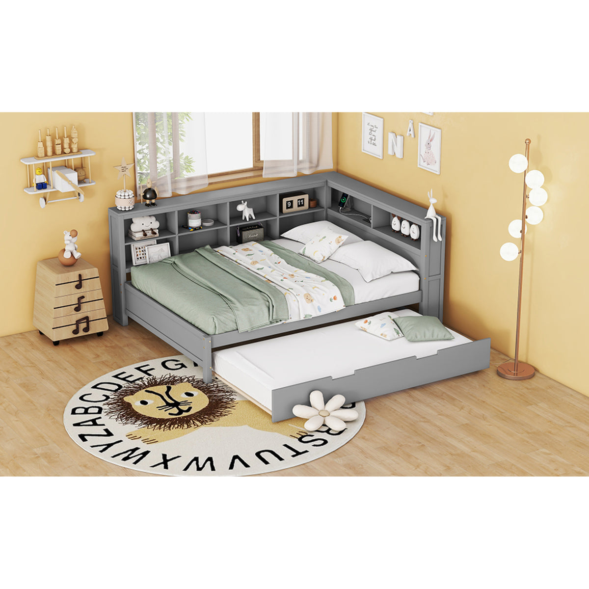 variant-group:rf-n733s347731e|Roomfitters Wooden Full Daybed with Twin Trundle, Storage Shelf & USB Charging Ports, Gray