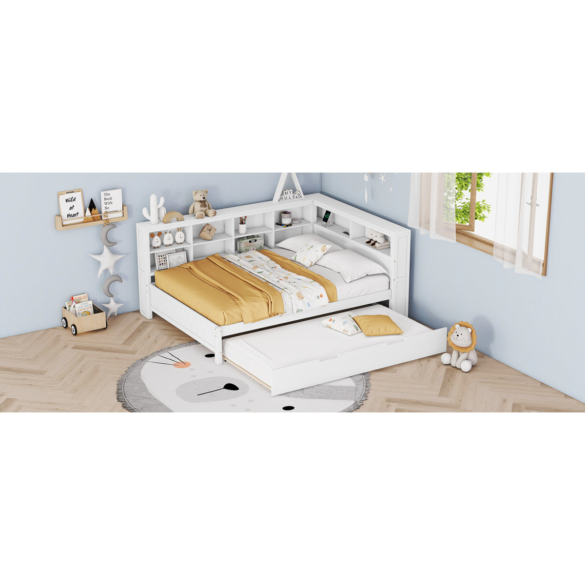 variant-group:rf-n733s347731k|Roomfitters Wooden Full Daybed with Twin Trundle, Storage Shelf & USB Charging Ports, White