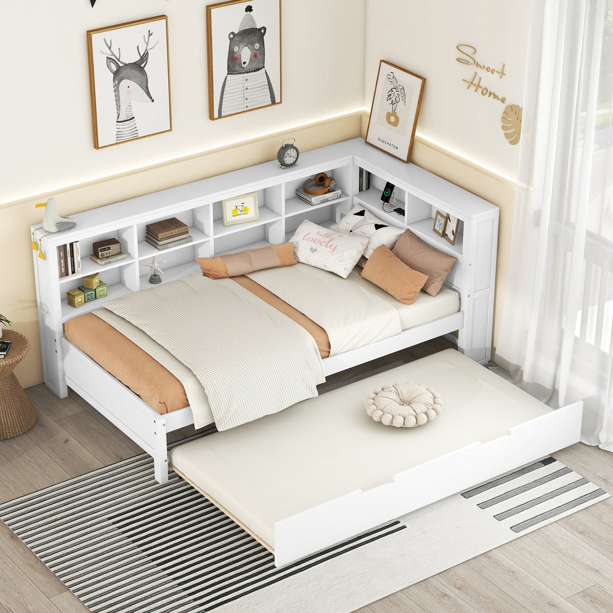 Roomfitters Wooden Twin Daybed with Twin Trundle, Storage Shelf & USB Charging Ports, White