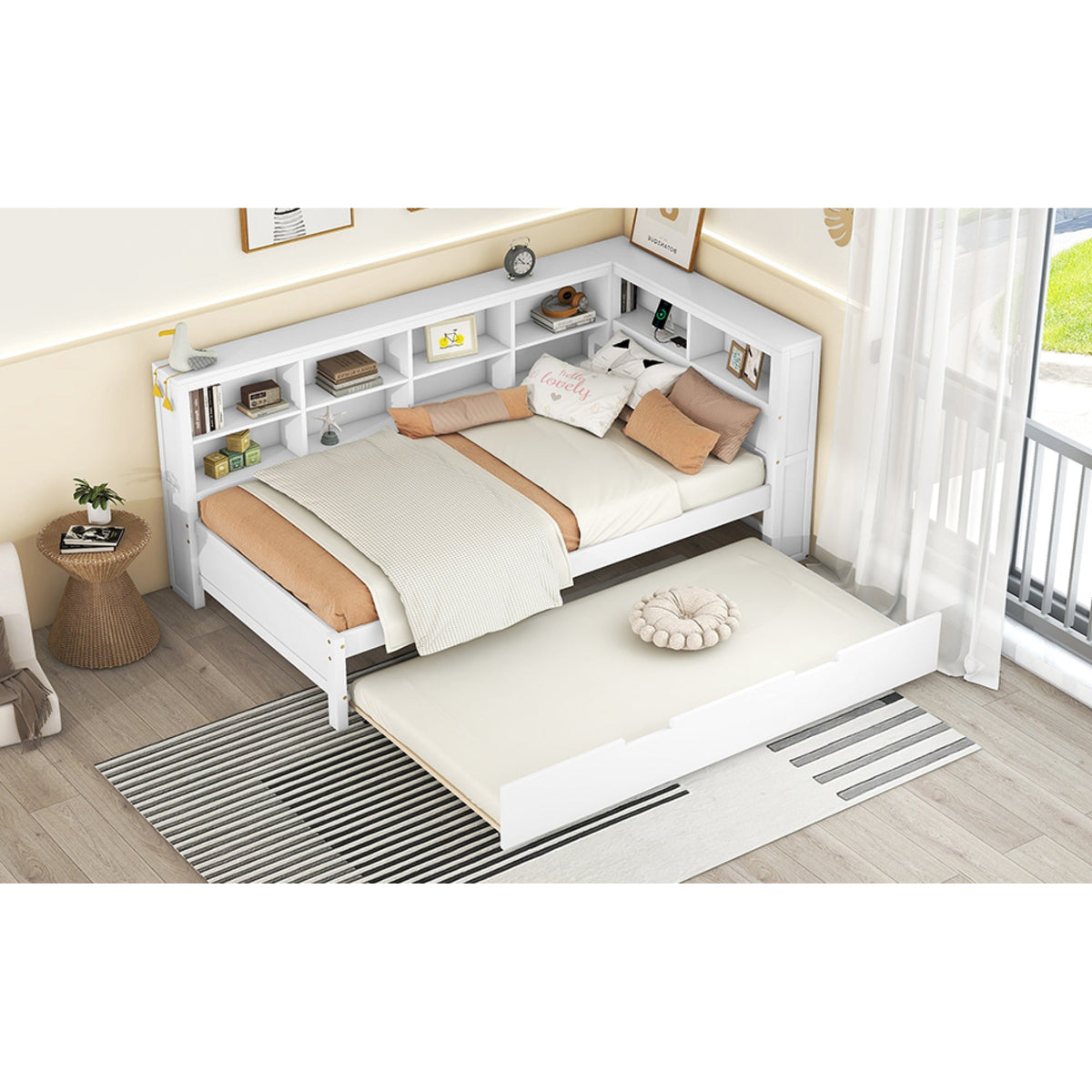 Roomfitters Wooden Twin Daybed with Twin Trundle, Storage Shelf & USB Charging Ports, White