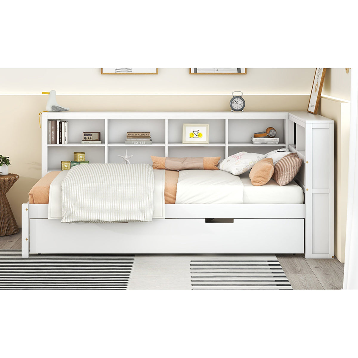Roomfitters Wooden Twin Daybed with Twin Trundle, Storage Shelf & USB Charging Ports, White