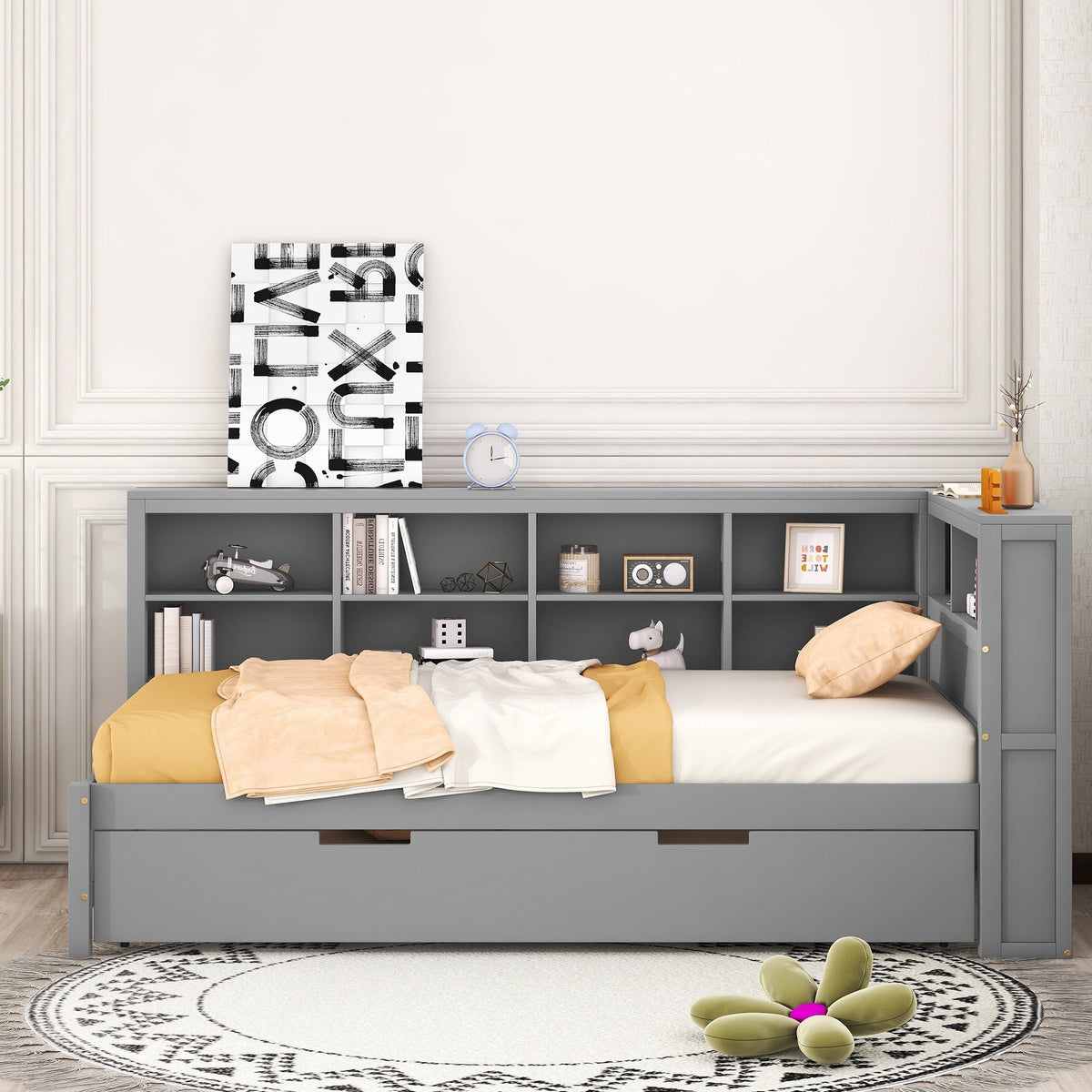 Roomfitters Wooden Twin Size Daybed with Twin Trundle, Storage Shelf, and USB Charging Ports, Space-Saving Multifunctional Design, Gray