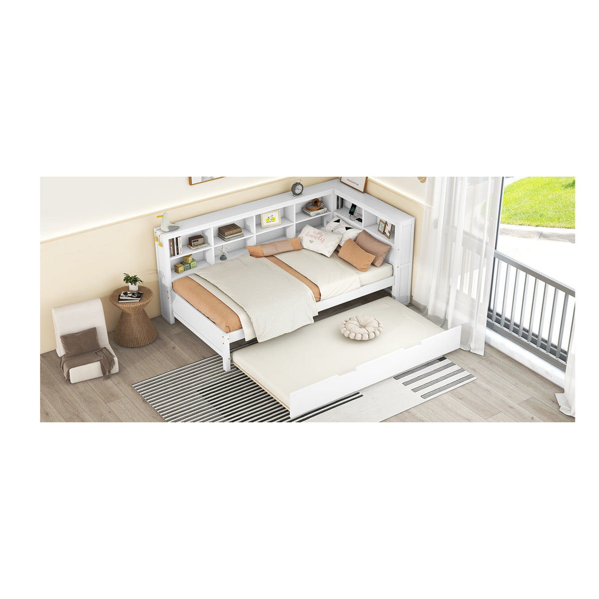 Roomfitters Wooden Twin Daybed with Twin Trundle, Storage Shelf & USB Charging Ports, White