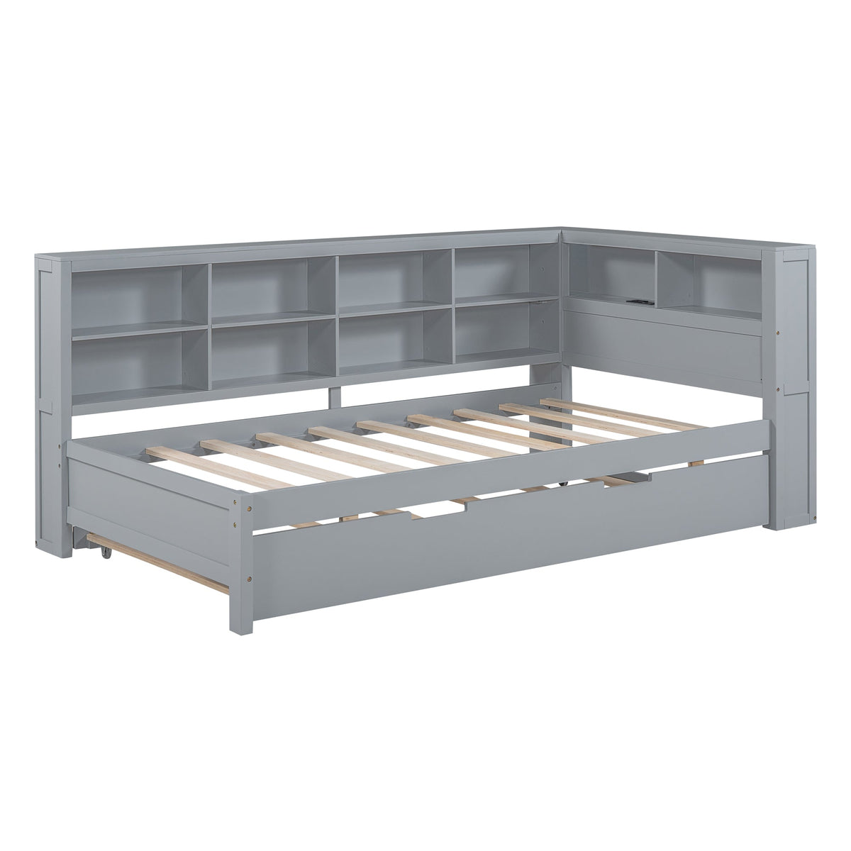 Roomfitters Wooden Twin Size Daybed with Twin Trundle, Storage Shelf, and USB Charging Ports, Space-Saving Multifunctional Design, Gray