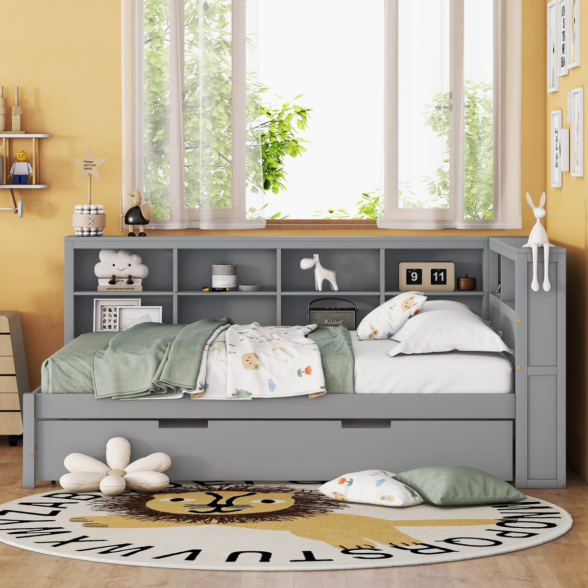 variant-group:rf-n733s347731e|Roomfitters Wooden Full Daybed with Twin Trundle, Storage Shelf & USB Charging Ports, Gray