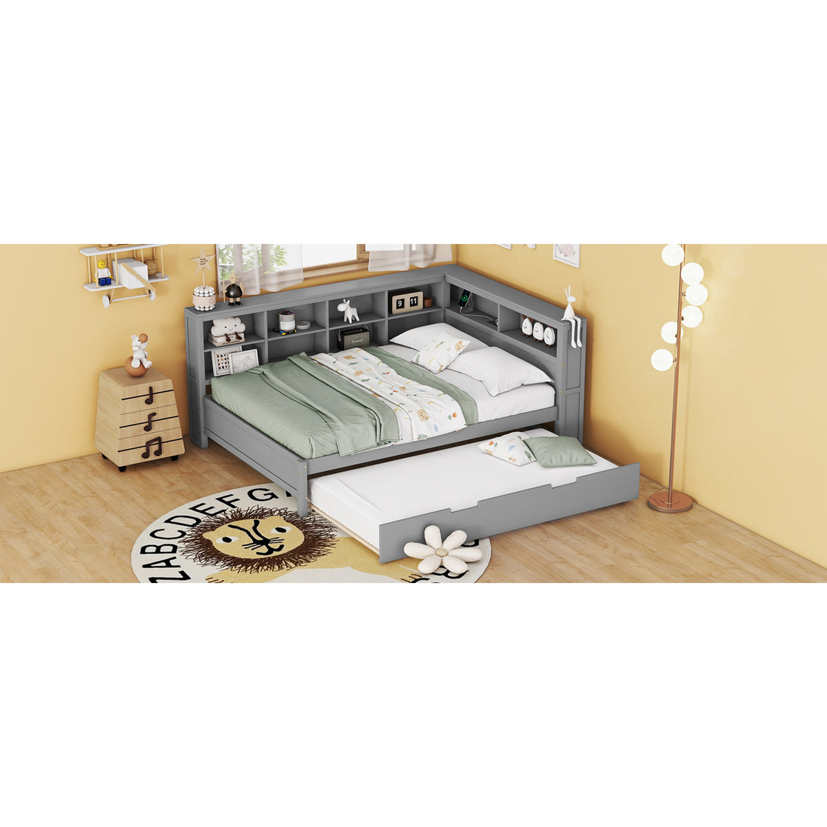 variant-group:rf-n733s347731e|Roomfitters Wooden Full Daybed with Twin Trundle, Storage Shelf & USB Charging Ports, Gray