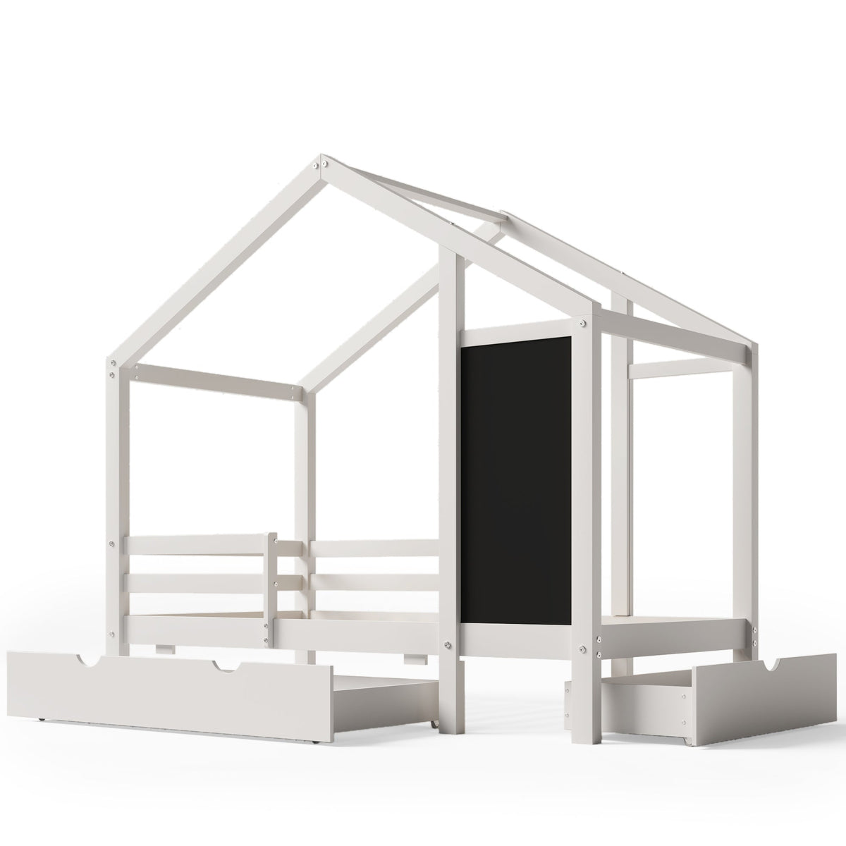 Roomfitters Twin Size House Bed with Blackboard Panels and Storage Drawers, Two Assembly Options, White Roomfitters