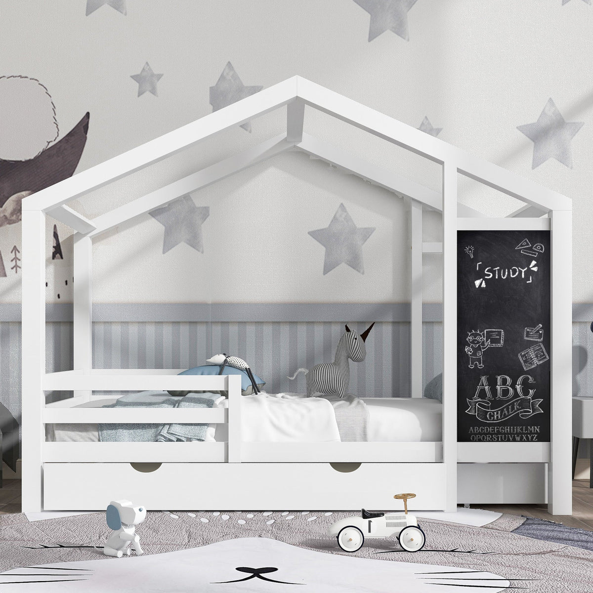 Roomfitters Twin Size House Bed with Blackboard Panels and Storage Drawers, Two Assembly Options, White Roomfitters