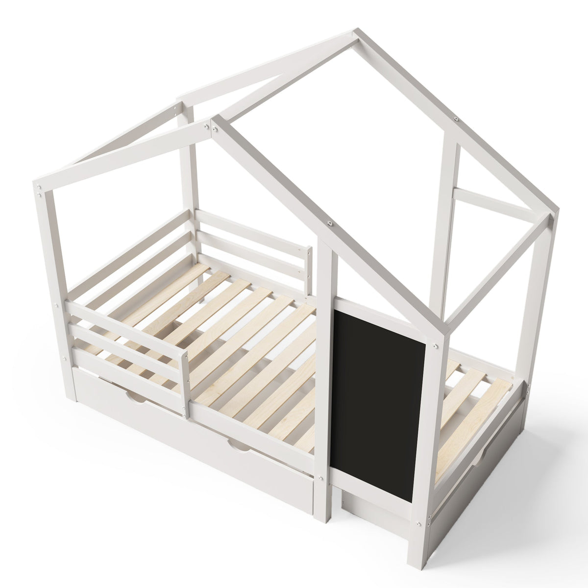 Roomfitters Twin Size House Bed with Blackboard Panels and Storage Drawers, Two Assembly Options, White Roomfitters