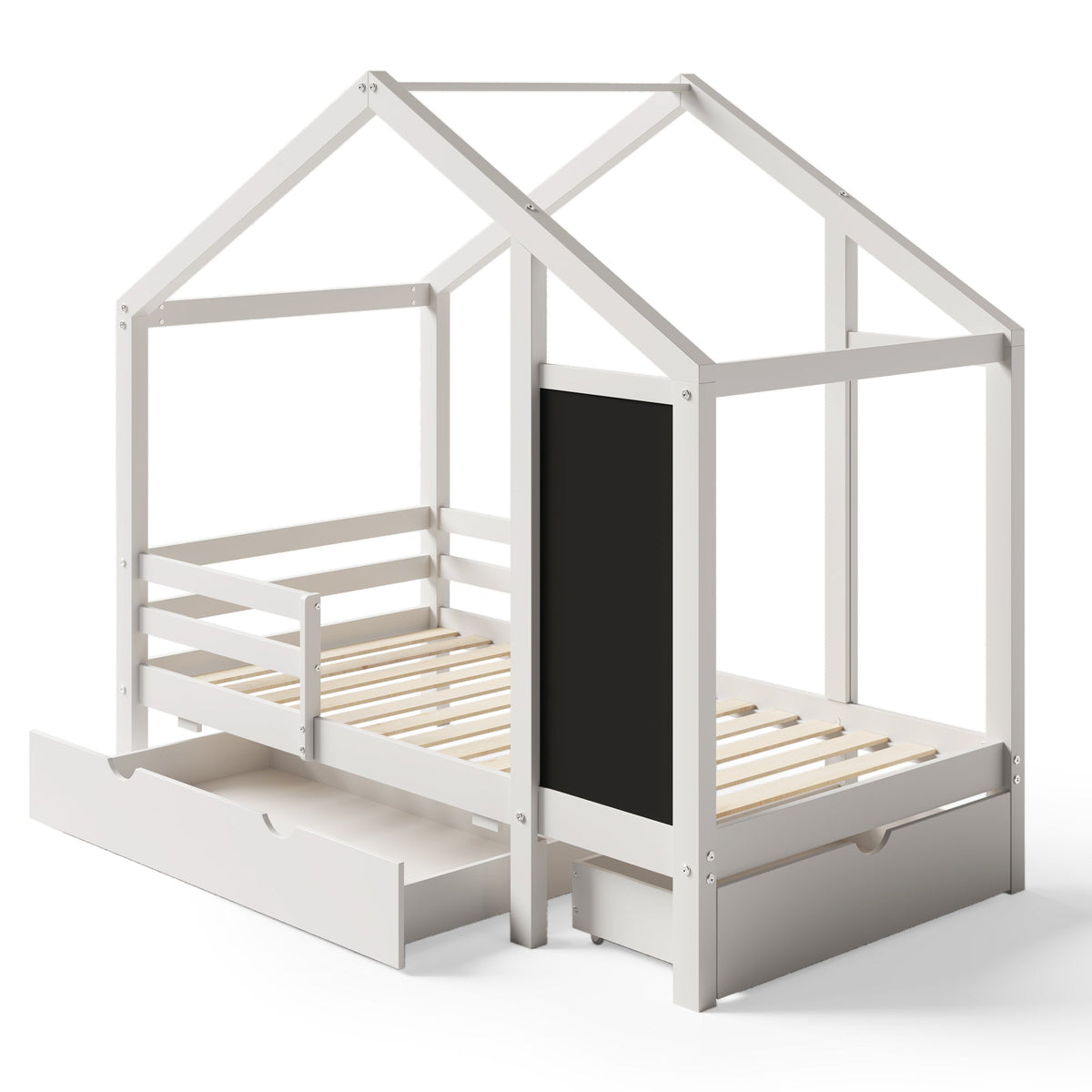 Roomfitters Twin Size House Bed with Blackboard Panels and Storage Drawers, Two Assembly Options, White Roomfitters