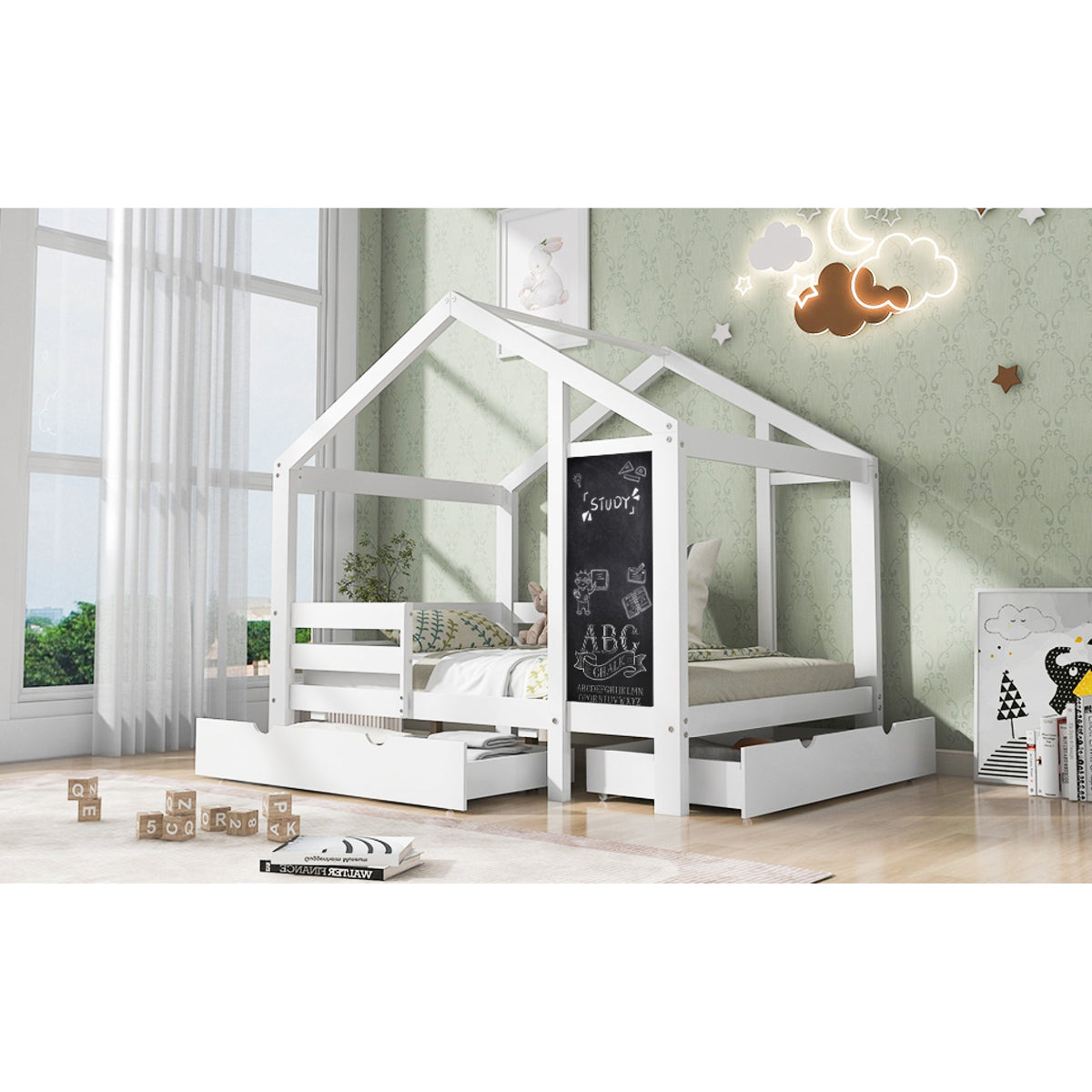 Roomfitters Twin Size House Bed with Blackboard Panels and Storage Drawers, Two Assembly Options, White Roomfitters