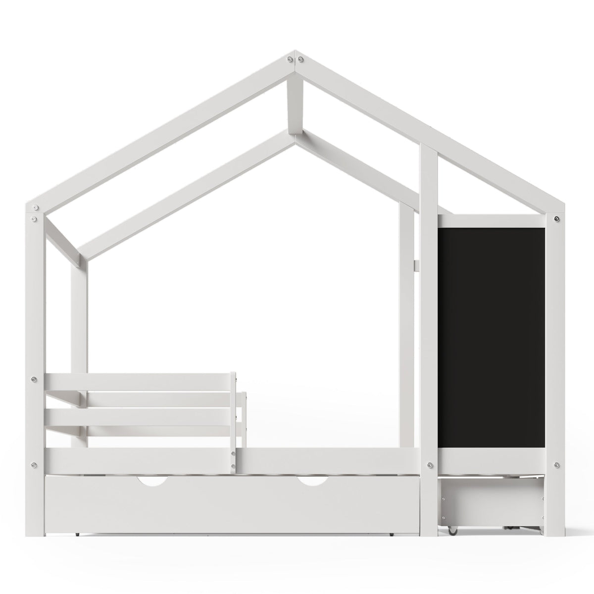 Roomfitters Twin Size House Bed with Blackboard Panels and Storage Drawers, Two Assembly Options, White Roomfitters