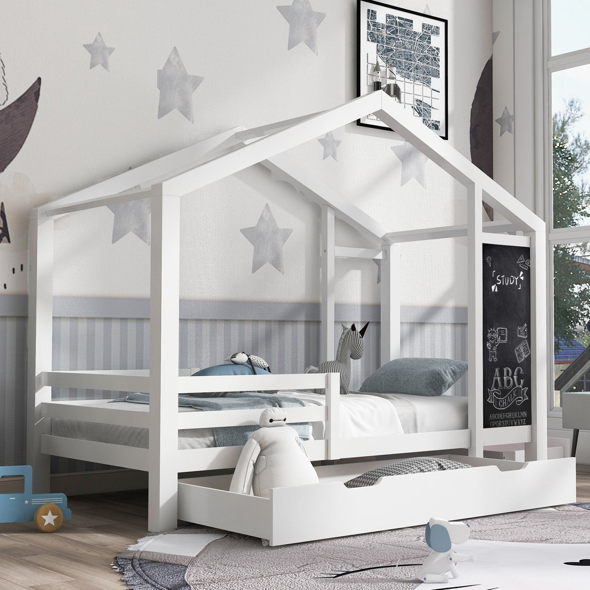 Roomfitters Twin Size House Bed with Blackboard Panels and Storage Drawers, Two Assembly Options, White Roomfitters