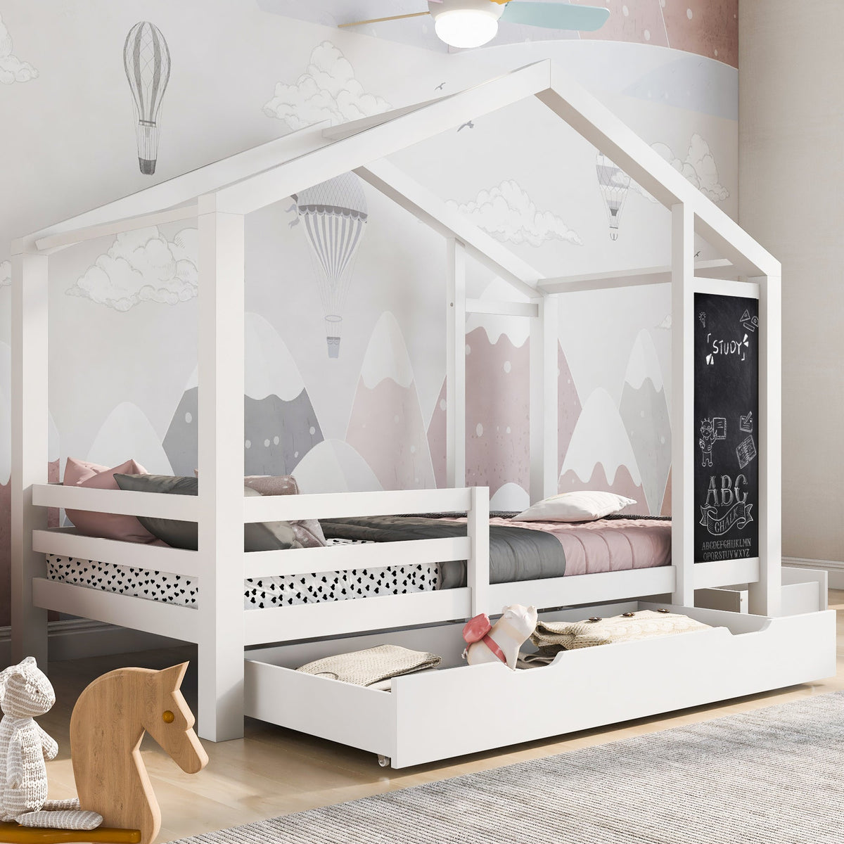 Roomfitters Twin Size House Bed with Blackboard Panels and Storage Drawers, Two Assembly Options, White Roomfitters