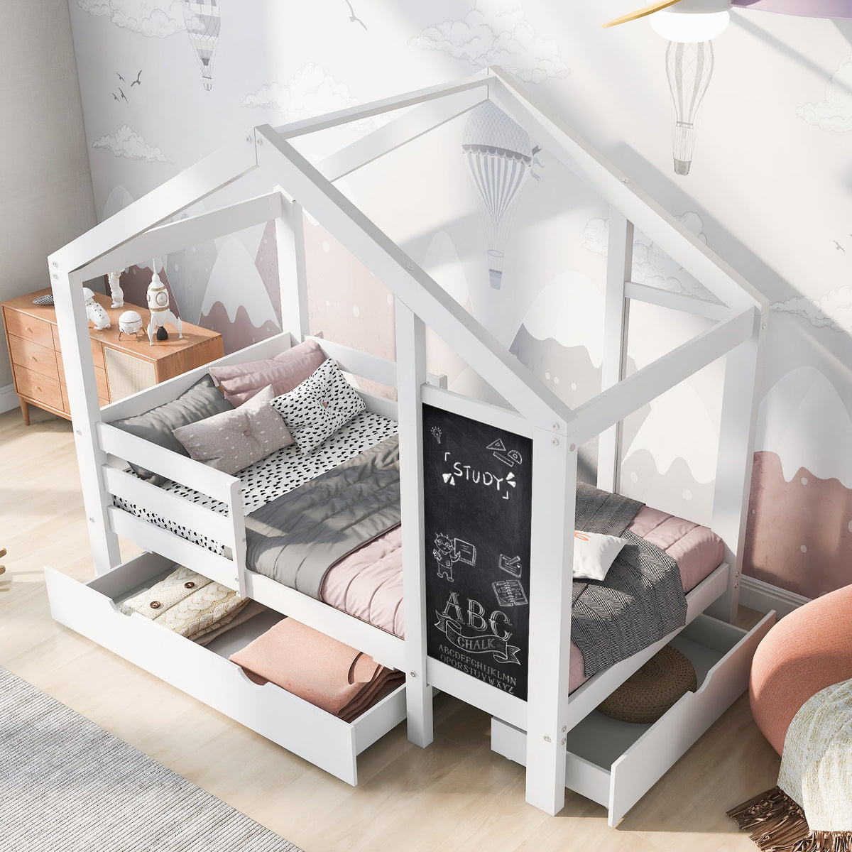 Roomfitters Twin Size House Bed with Blackboard Panels and Storage Drawers, Two Assembly Options, White Roomfitters