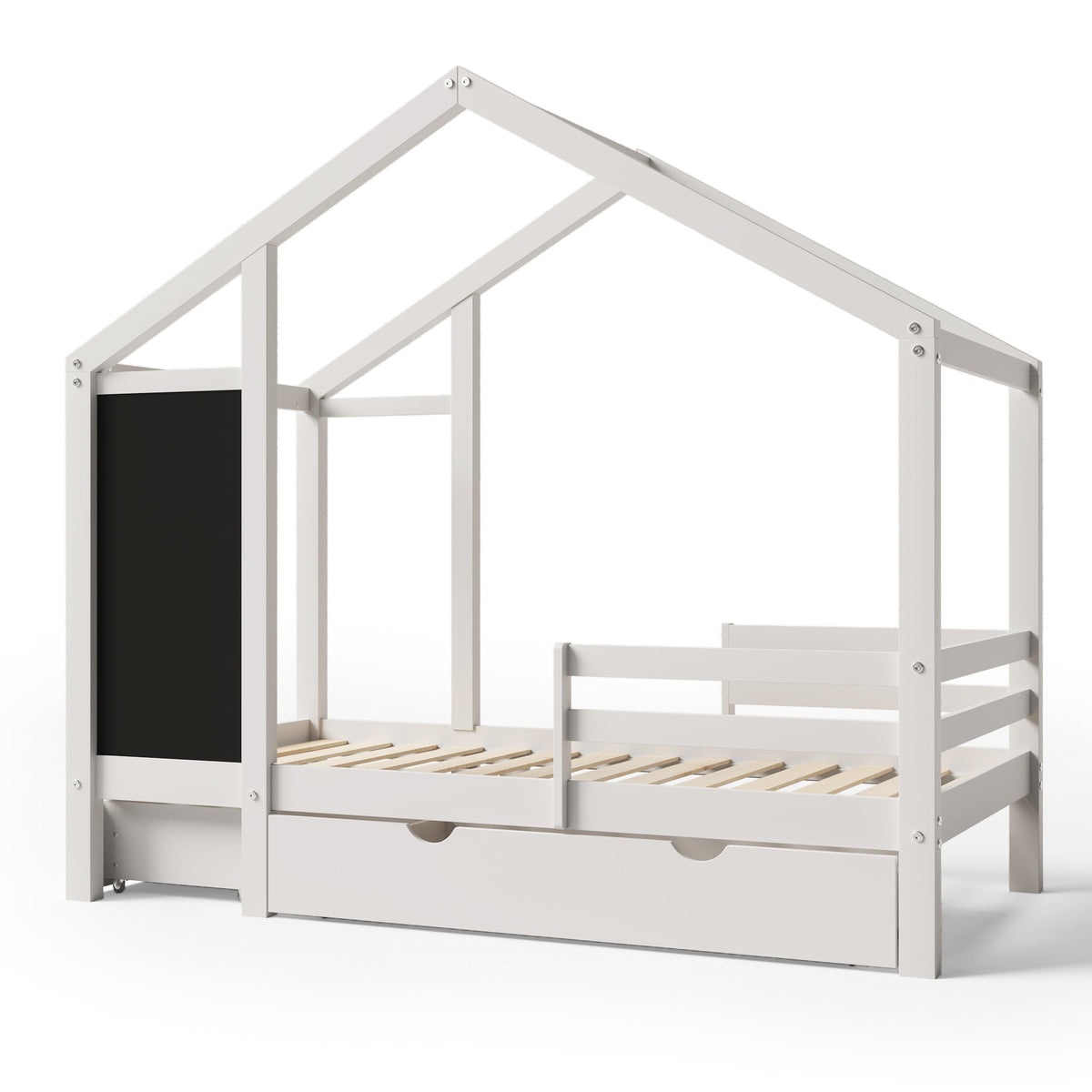 Roomfitters Twin Size House Bed with Blackboard Panels and Storage Drawers, Two Assembly Options, White Roomfitters