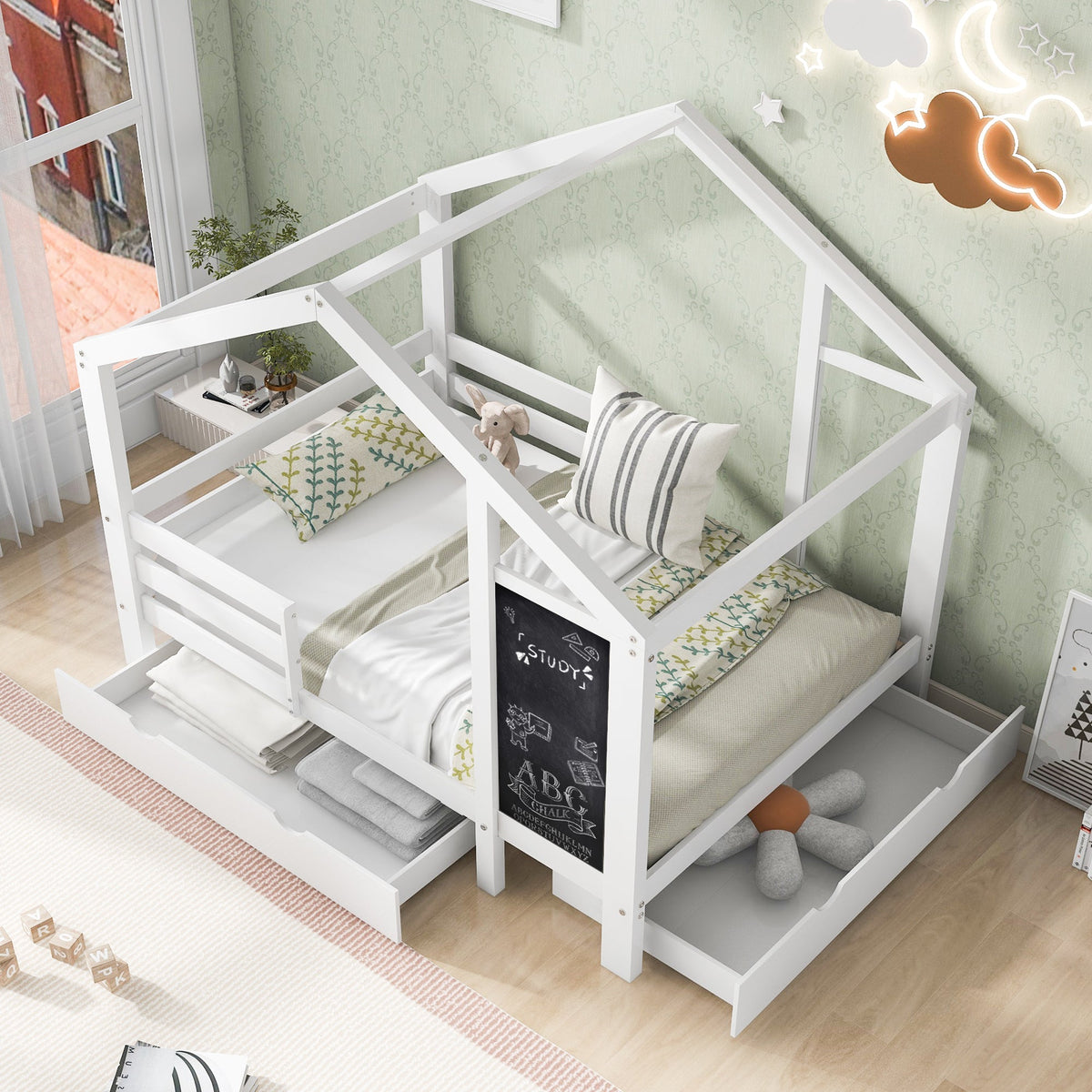 Roomfitters Twin Size House Bed with Blackboard Panels and Storage Drawers, Two Assembly Options, White Roomfitters