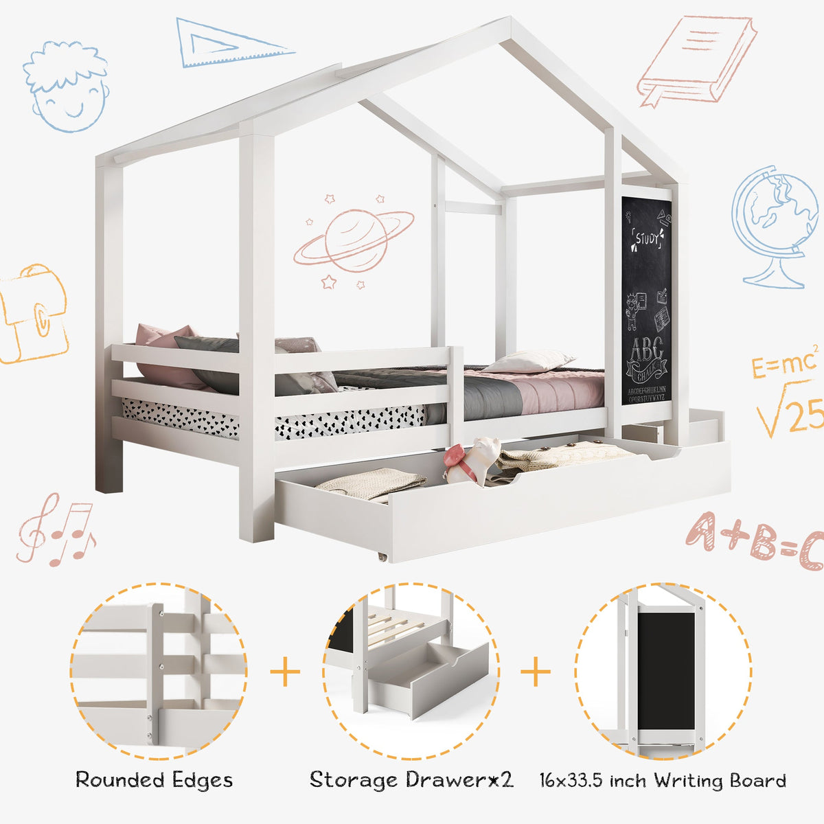 Roomfitters Twin Size House Bed with Blackboard Panels and Storage Drawers, Two Assembly Options, White Roomfitters