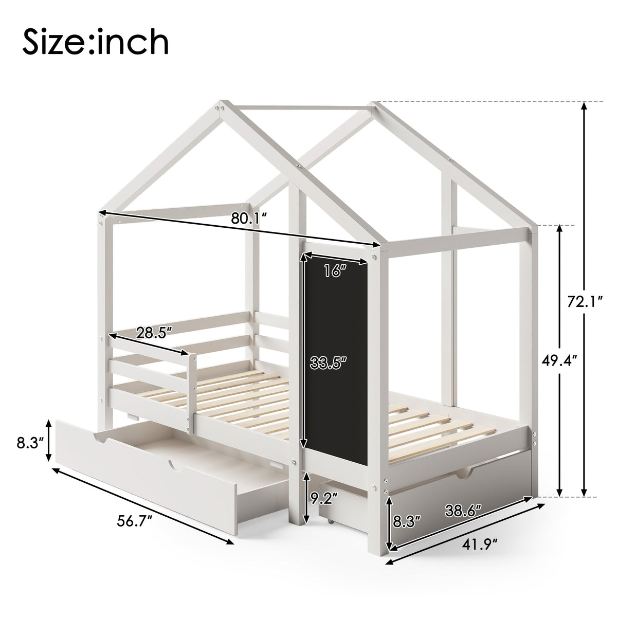 Roomfitters Twin Size House Bed with Blackboard Panels and Storage Drawers, Two Assembly Options, White Roomfitters