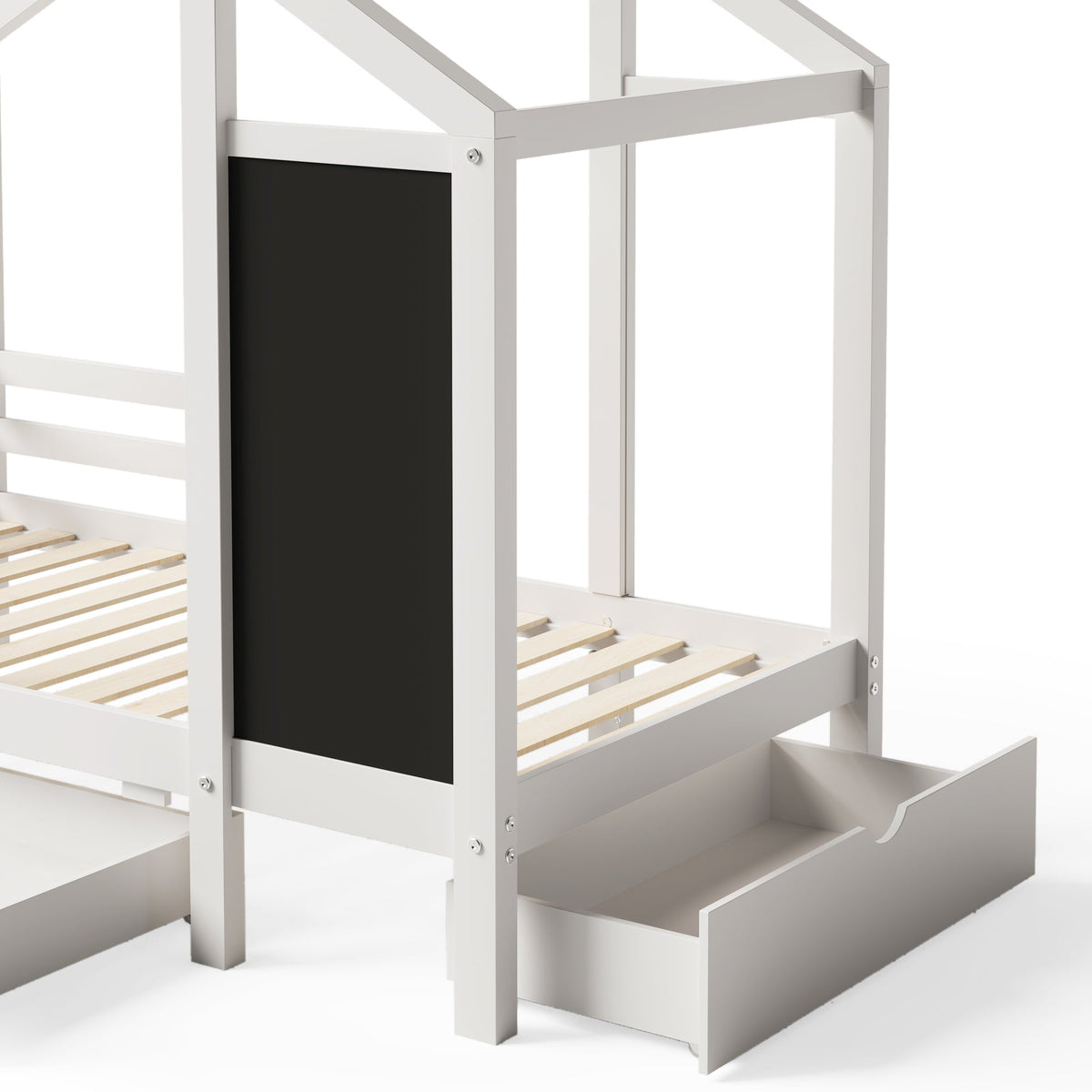 Roomfitters Twin Size House Bed with Blackboard Panels and Storage Drawers, Two Assembly Options, White Roomfitters