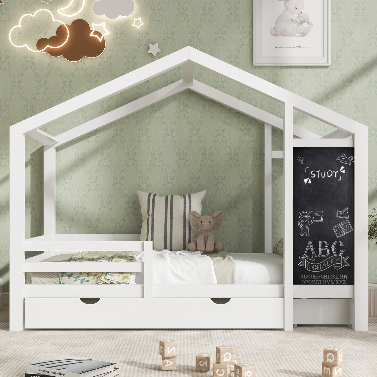 Roomfitters Twin Size House Bed with Blackboard Panels and Storage Drawers, Two Assembly Options, White Roomfitters