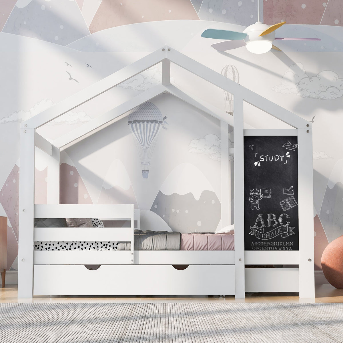 Roomfitters Twin Size House Bed with Blackboard Panels and Storage Drawers, Two Assembly Options, White Roomfitters