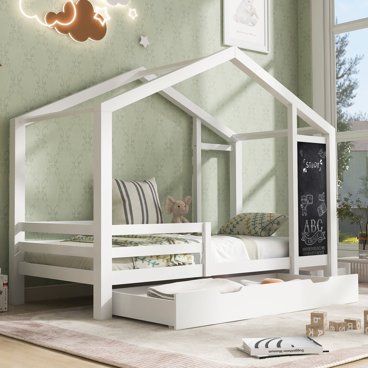 Roomfitters Twin Size House Bed with Blackboard Panels and Storage Drawers, Two Assembly Options, White Roomfitters