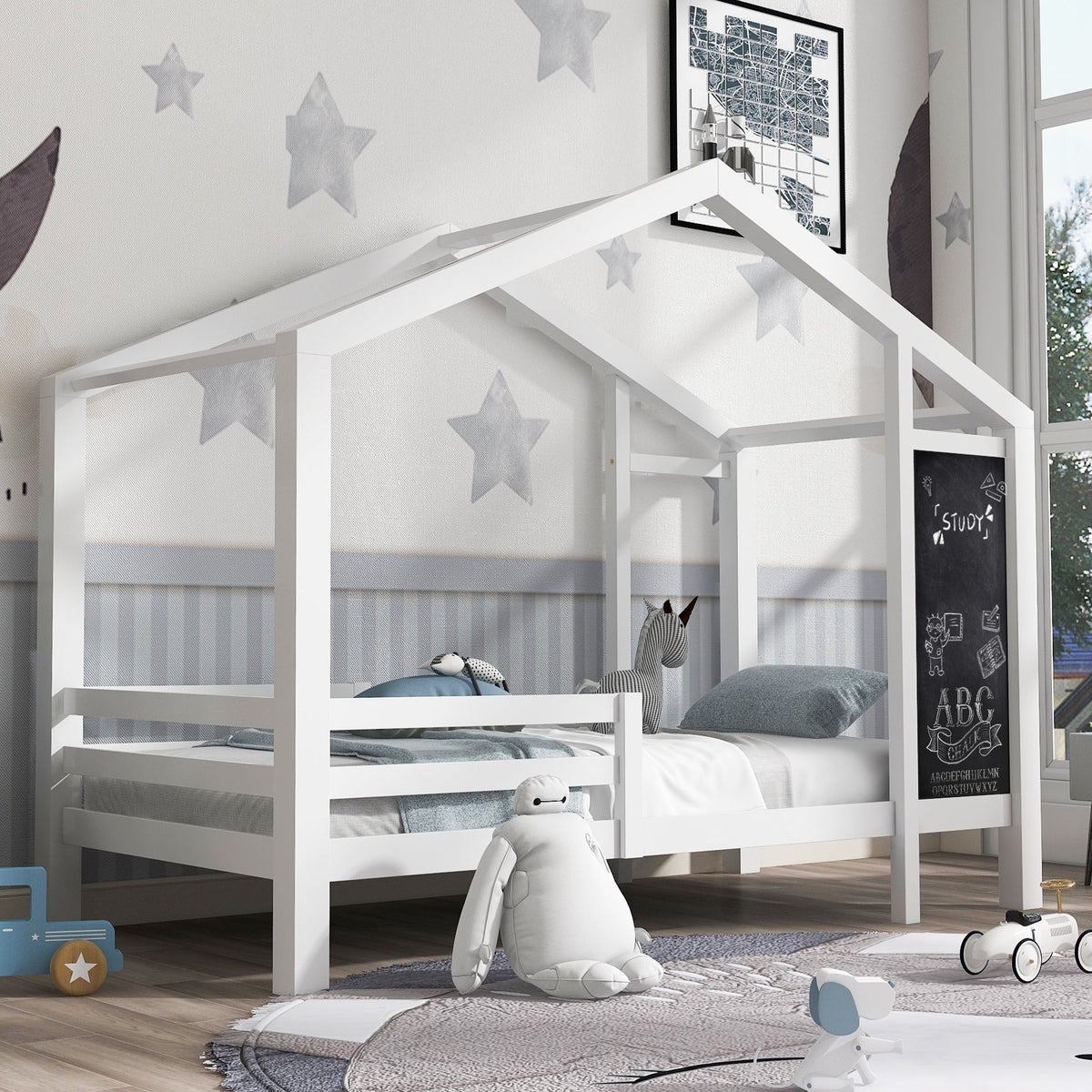 Roomfitters Twin Size House Bed with Blackboard Panels and Storage Drawers, Two Assembly Options, White Roomfitters