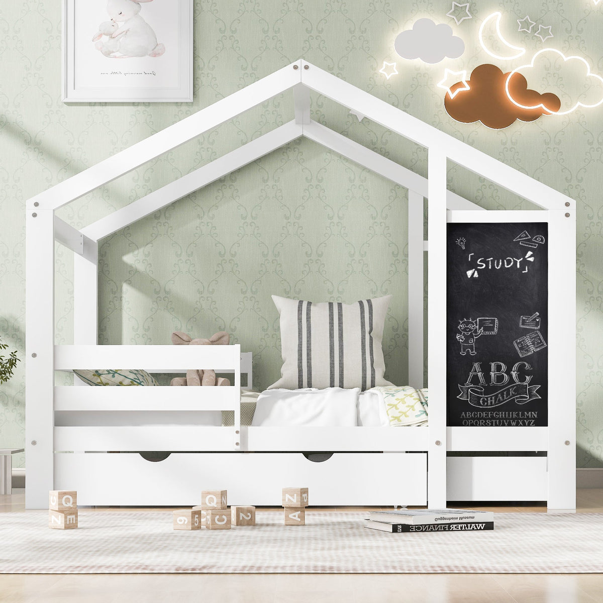 Roomfitters Twin Size House Bed with Blackboard Panels and Storage Drawers, Two Assembly Options, White Roomfitters