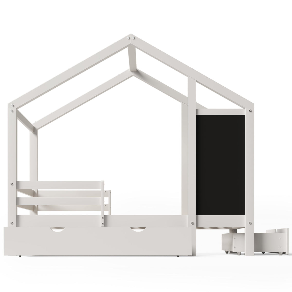 Roomfitters Twin Size House Bed with Blackboard Panels and Storage Drawers, Two Assembly Options, White Roomfitters