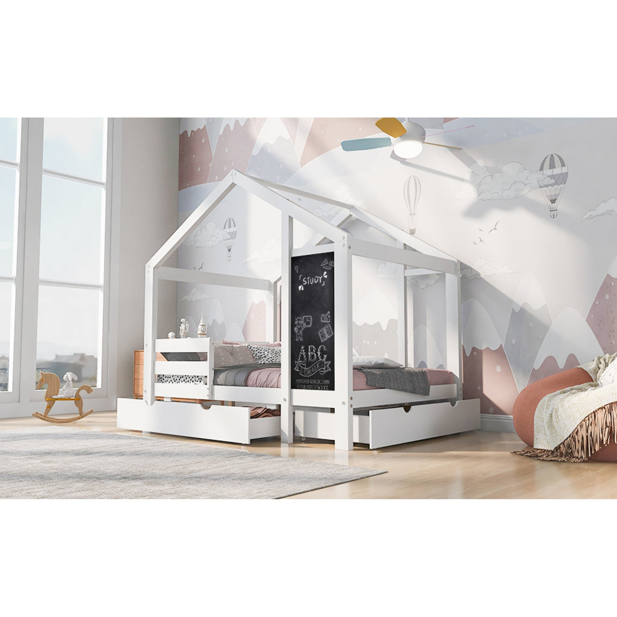 Roomfitters Twin Size House Bed with Blackboard Panels and Storage Drawers, Two Assembly Options, White Roomfitters