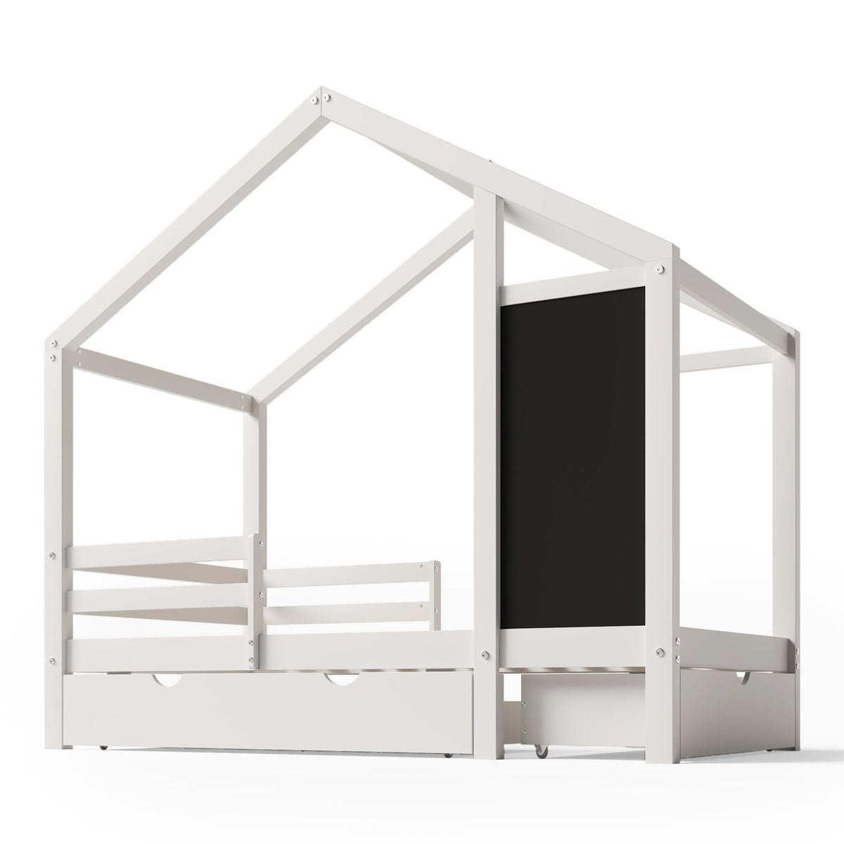 Roomfitters Twin Size House Bed with Blackboard Panels and Storage Drawers, Two Assembly Options, White Roomfitters