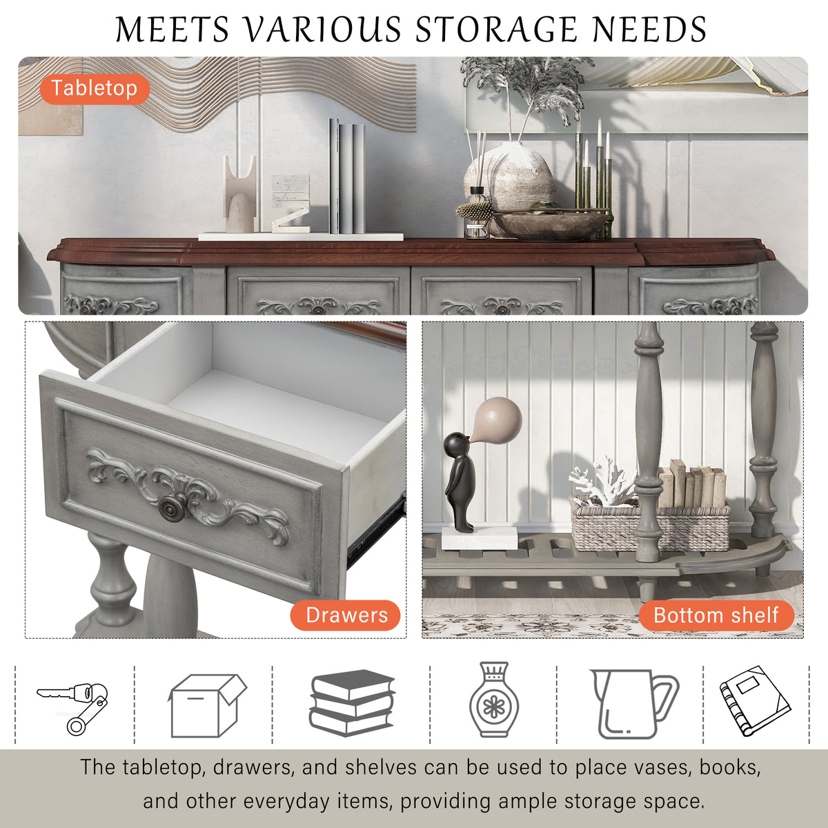 variant-group:rf-n711p186862e|Roomfitters 52" Modern Curved Console Table with Shelf, Entryway Sofa Table for Living Room, Antique Grey