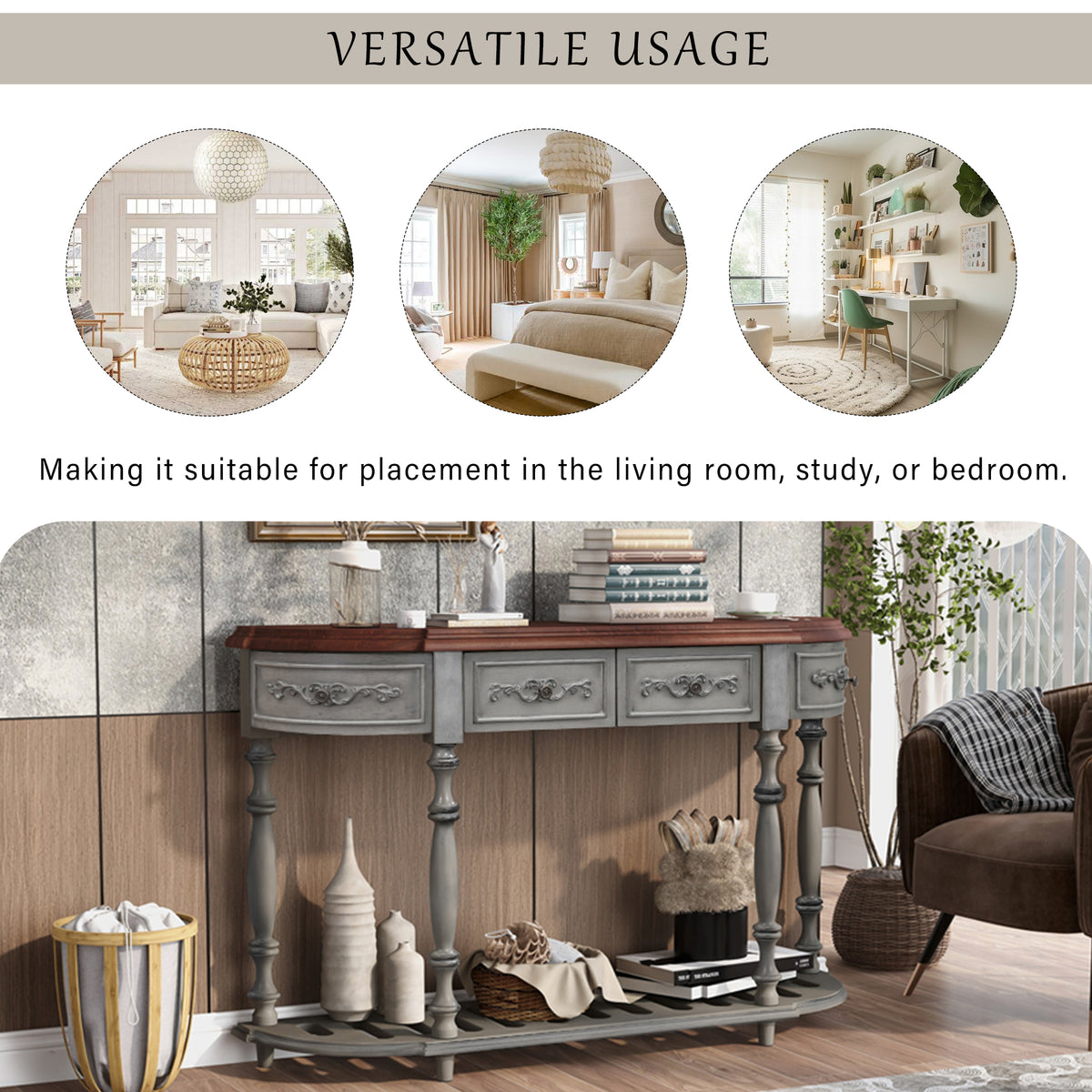 variant-group:rf-n711p186862e|Roomfitters 52" Modern Curved Console Table with Shelf, Entryway Sofa Table for Living Room, Antique Grey