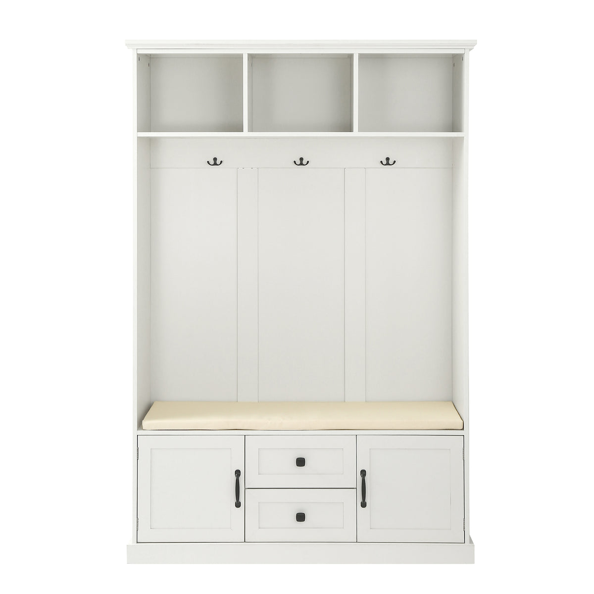variant-group:rf-n724jy000112aaa|Roomfitters 3-in-1 Hall Tree with 3 Hooks, Entryway Coat Hanger and Storage Bench, 47.2" Organizer for Hallway, White
