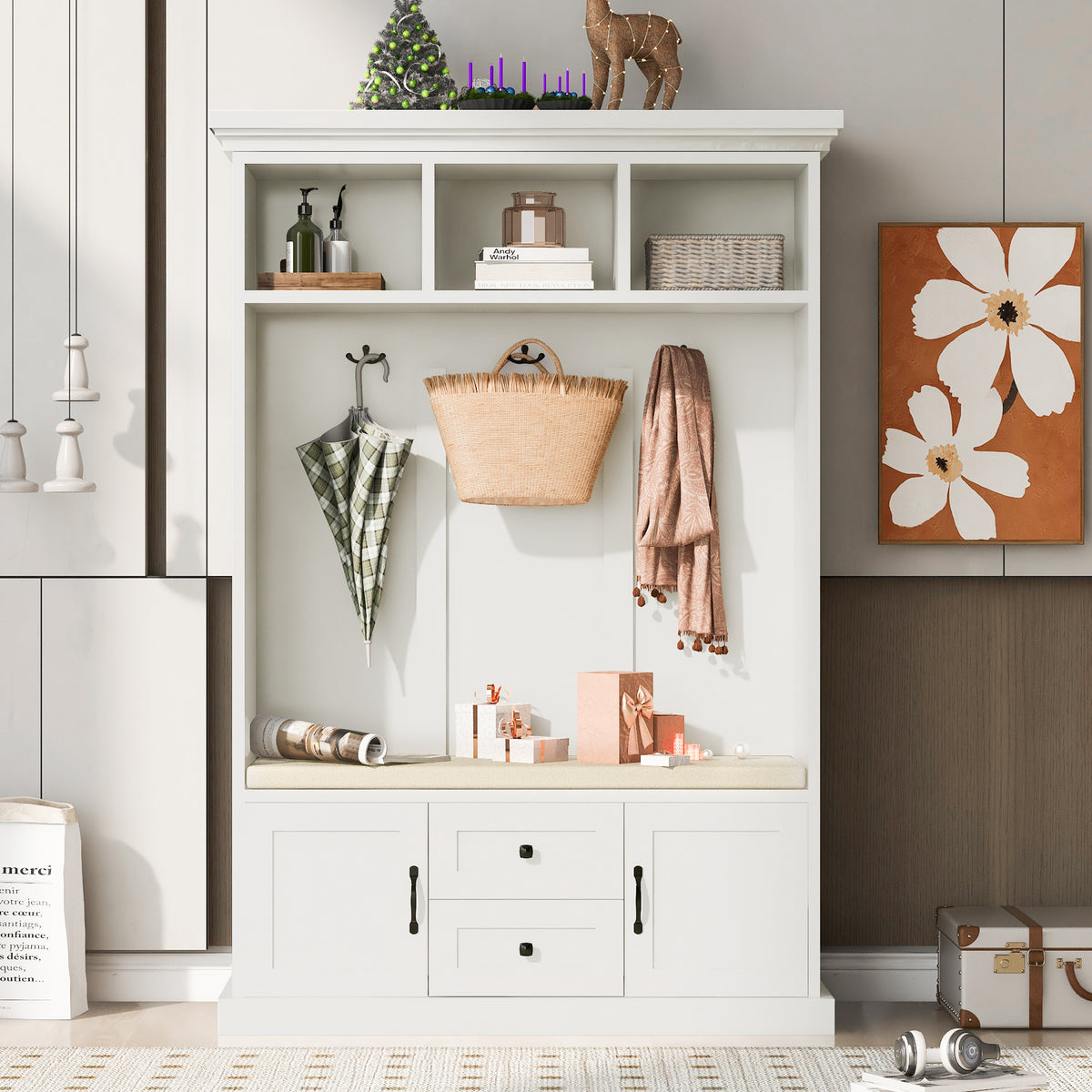 variant-group:rf-n724jy000112aaa|Roomfitters 3-in-1 Hall Tree with 3 Hooks, Entryway Coat Hanger and Storage Bench, 47.2" Organizer for Hallway, White